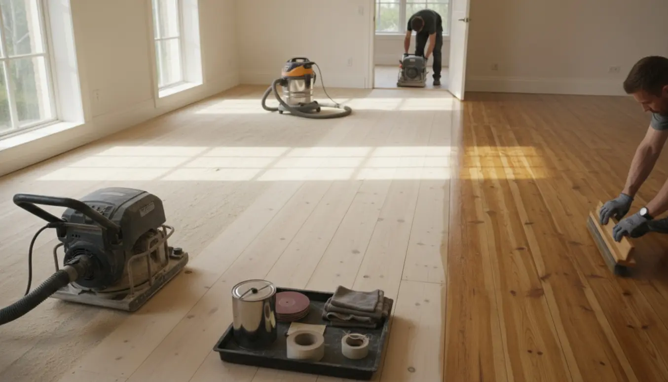 Solbelyst rum med fyrretræsgulv i slibnings- og olieringsstadier, værktøj og håndværkeres hænder.