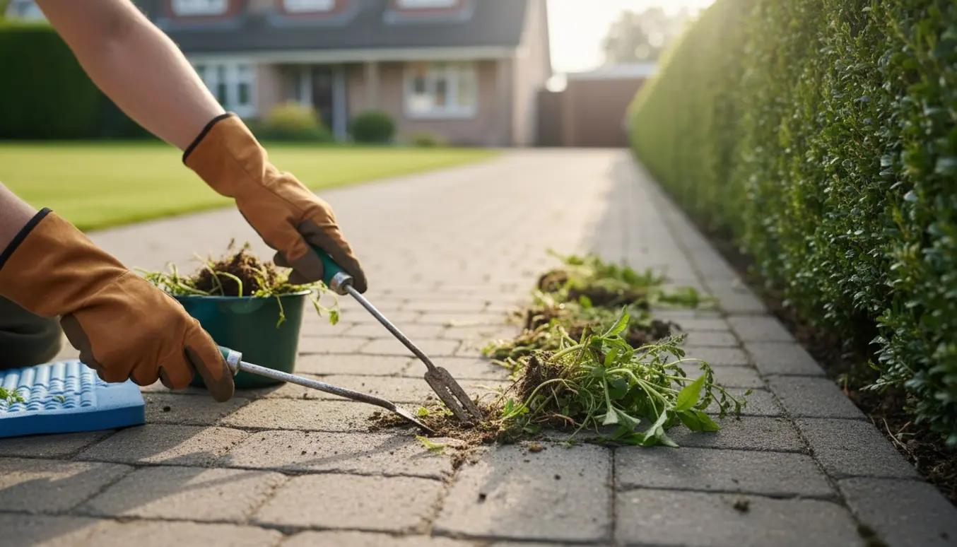 Nærbillede af handsker og haveværktøj, der fjerner ukrudt fra kanten af en flisebelagt indkørsel ved græsplæne og hæk.
