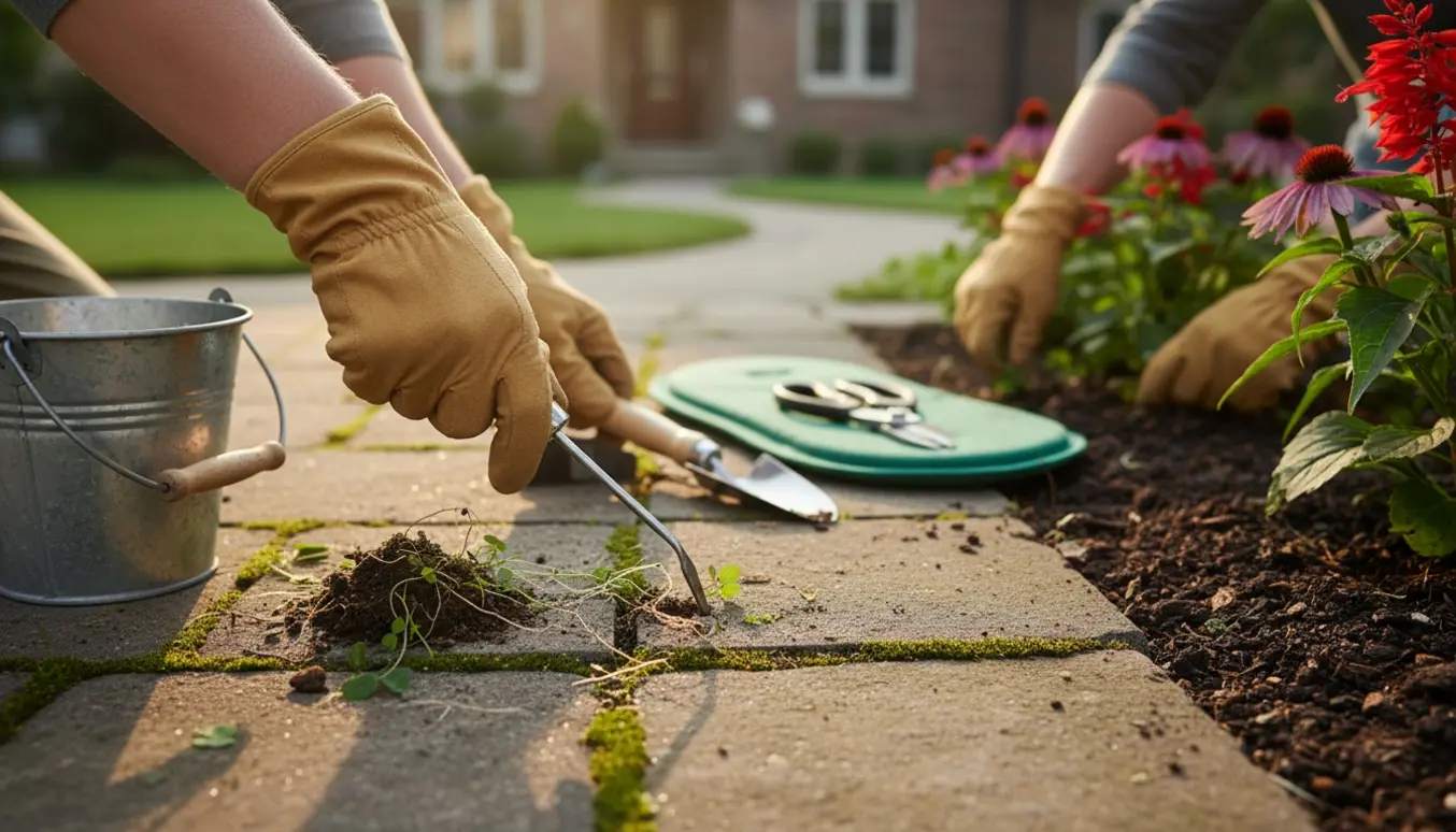 Nærbillede af handsker og haveredskaber, der fjerner ukrudt mellem fliser og i et bed foran et hus.
