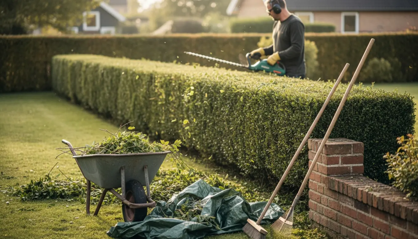 Lang, nyklippet hæk i Roskilde med friske afklip i en trillebør og en gartner set bagfra.
