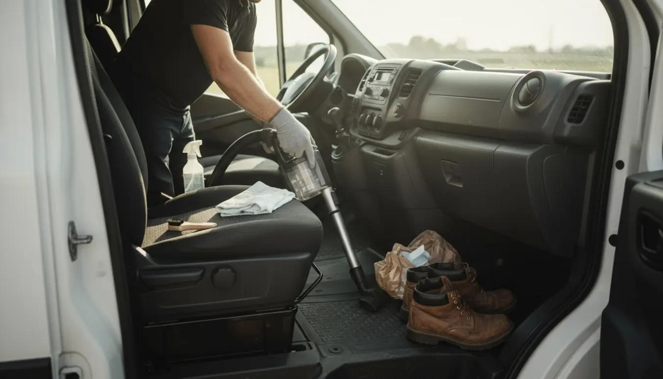 Firmabilens kabine under rengøring med støvsuger, microfiberklude og handsker i dagslys.