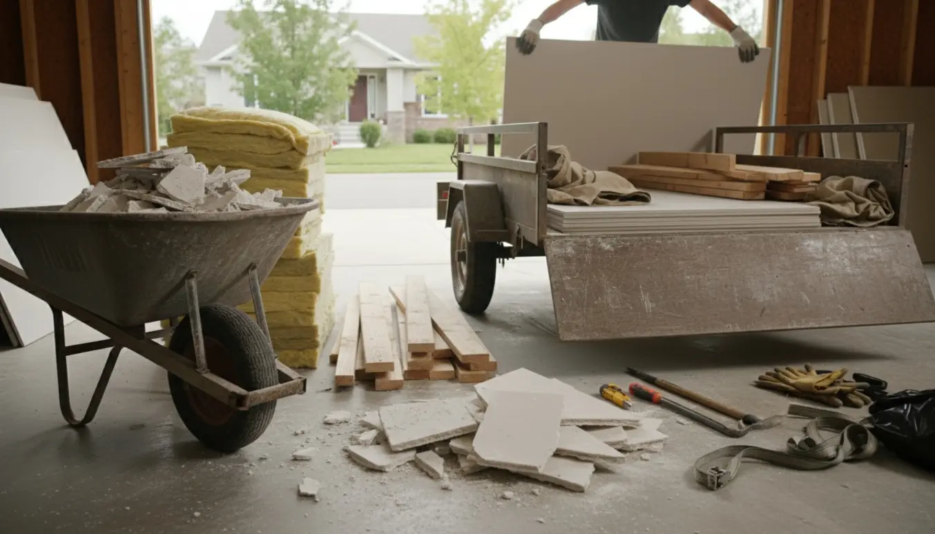 Åben trailer og skraldeopladning med stabler af gipsplader, trælægter og isolering klar til afhentning.