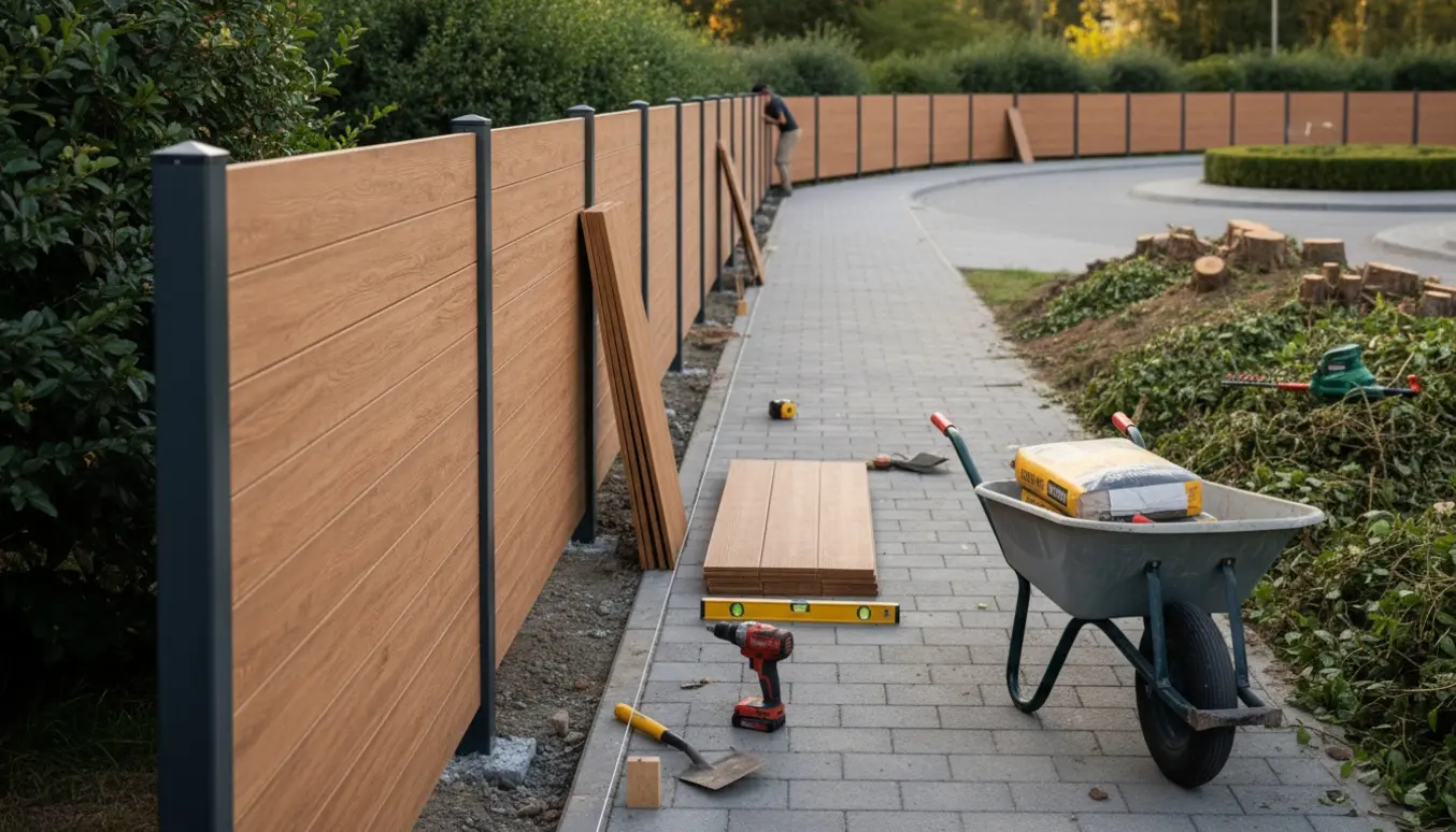 Delvist opsat 1,80 m komposithegn langs en sti med stolper, liggende paneler, værktøj og nyfjernet hæk.