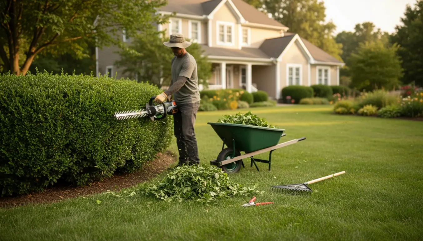 En person trimmer en grøn hæk i en solbeskinnet forhave med friske kviste og værktøj på græsset.