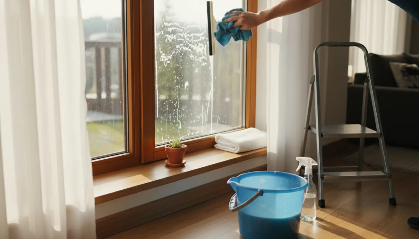 Hænder pudser indvendigt vindue med skraber og mikrofiberklud i solbelyst stue.