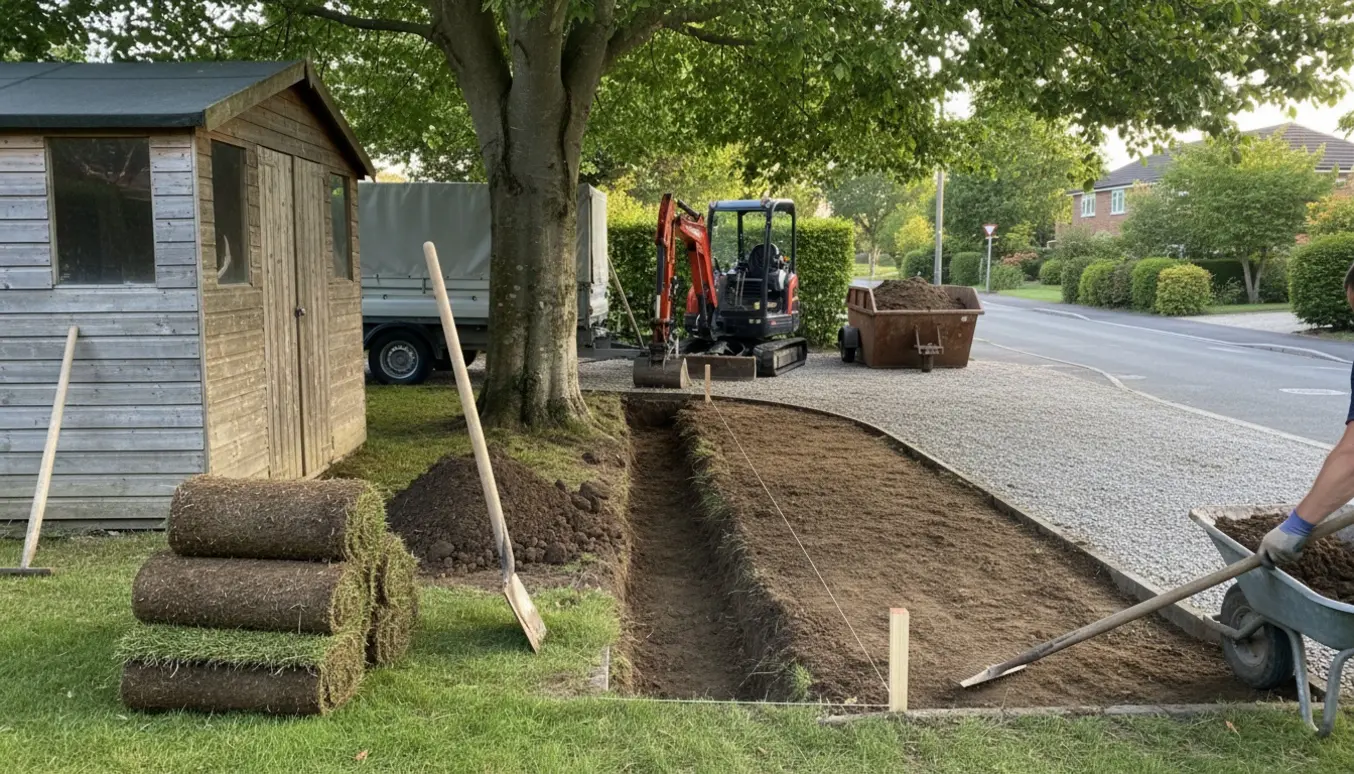 Afgravning og planering af en smal græsstribe ved et bøgetræ med rullegræs, trillebør og skovl ved indkørslen.