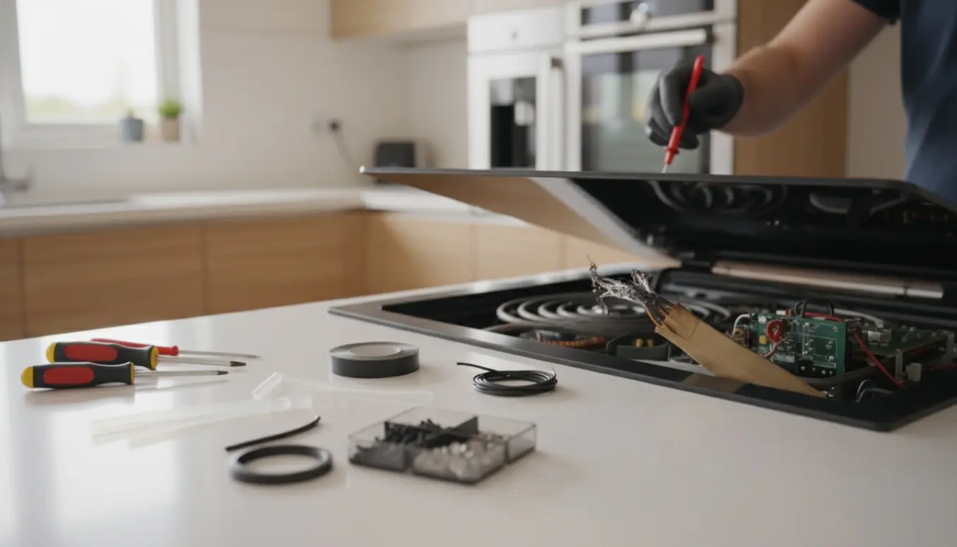 Tekniker arbejder på en induktionsovn med blottede, let brandskadede ledninger og værktøj på køkkenbordet.