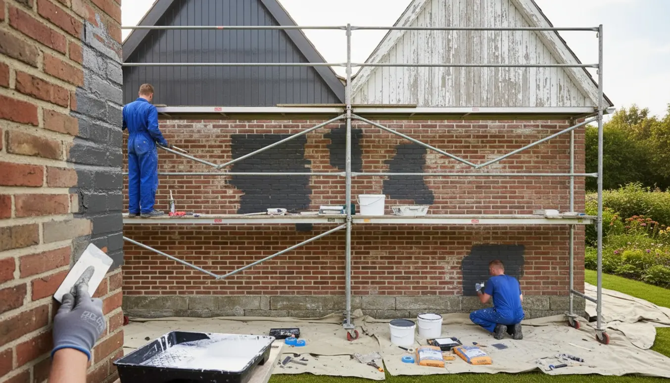 Stillads og malerværktøj foran murstenshus, hvor revner pudses og facaden, to trægavle og sokkel males.
