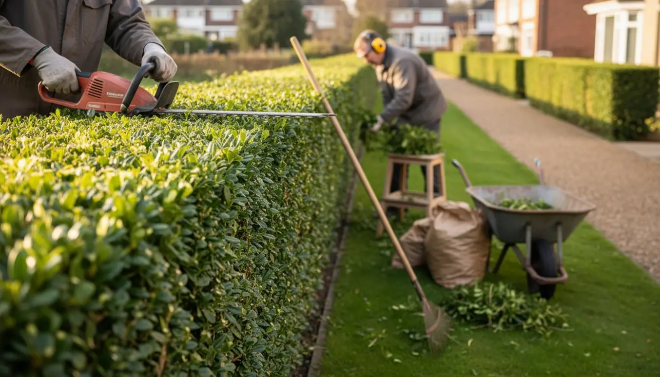 Lang hæk bliver klippet med hækkeklipper, trillebør og poser med afklip i blødt dagslys.