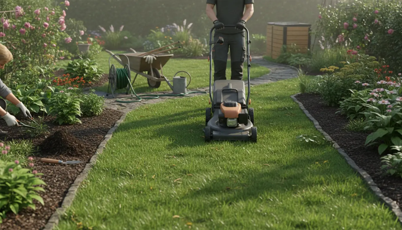 Bagfra set haveejer slår græs og ordner bede i en flad, velholdt have med haveredskaber i forgrunden.