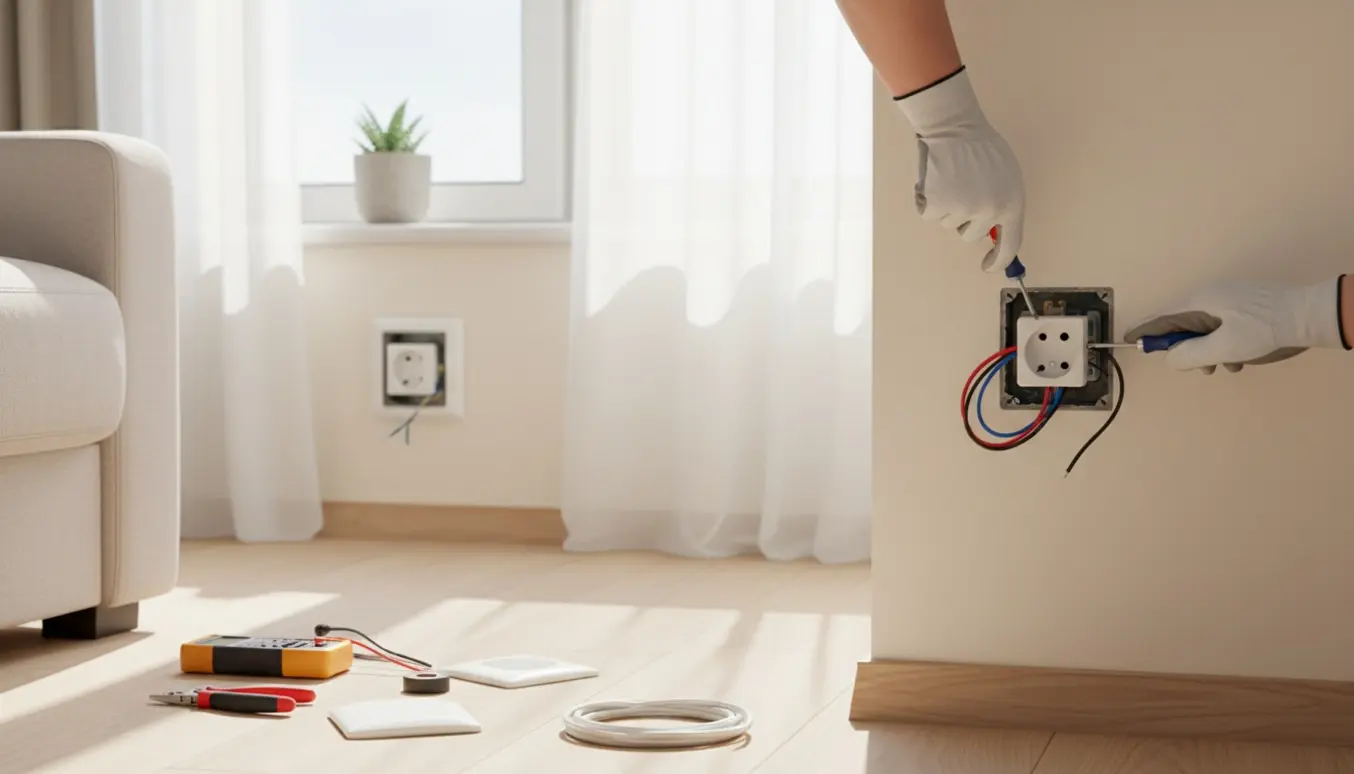 Nærbillede af hænder, der installerer en ny stikkontakt i en lejligheds stue ved vinduet.