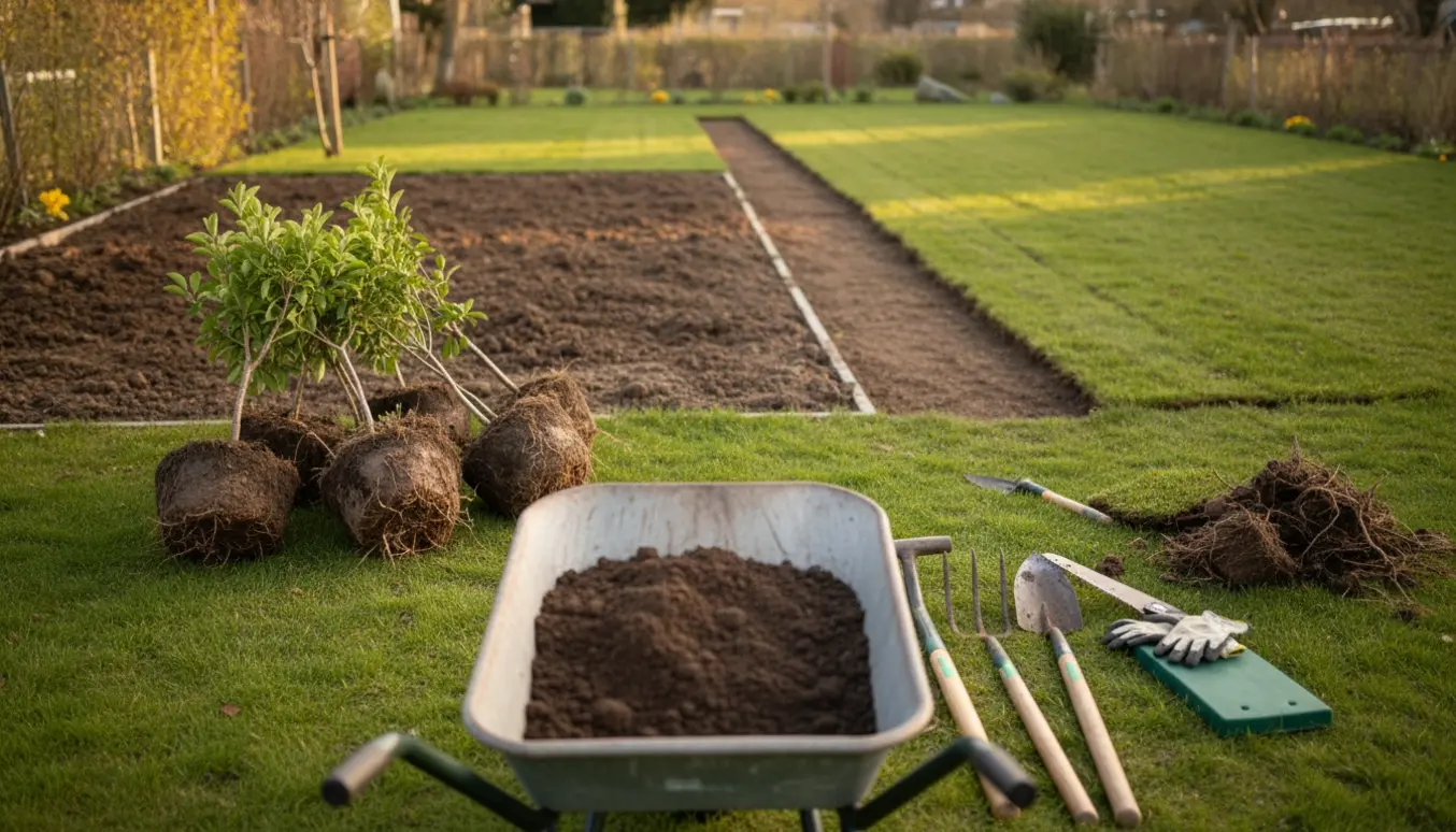Nærfoto af have med nygravede små træer, håndværktøj og et område med genoprettet græsplæne.
