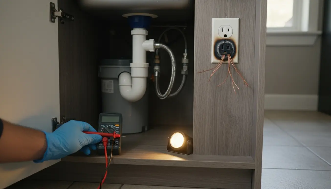 Åbent underskab med en tør, kortsluttet stikkontakt under vask og en handskeholder multimeterprobe ved ledningerne.