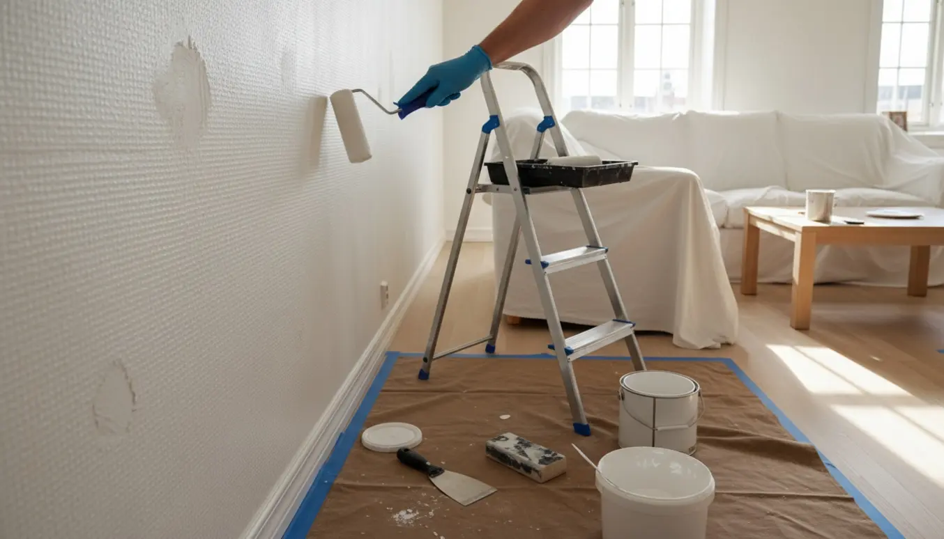 En lys stue hvor en maler ruller hvid maling på glasvævsvæg med spartlede huller, mens møbler er dækket.