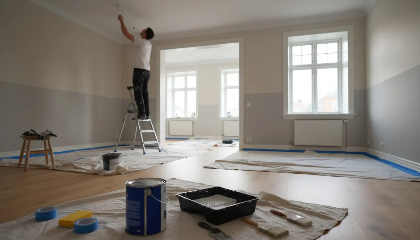 Lys toværelses lejlighed under maling med malerværktøj og en person på en stige set bagfra.