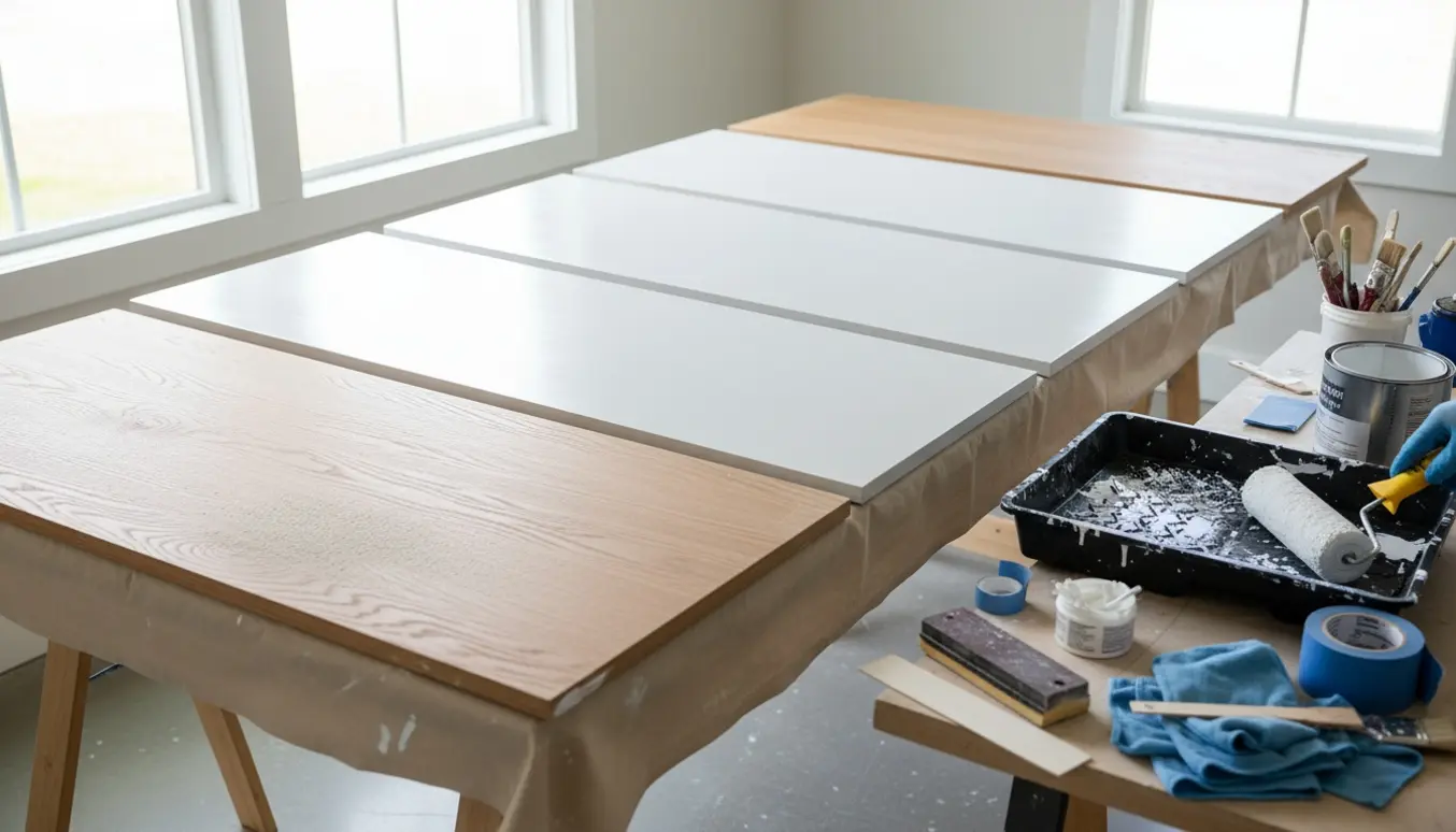 Fem egelåger fra et garderobeskab ligger på bukke i et lyst værksted klar til slibning og maling.