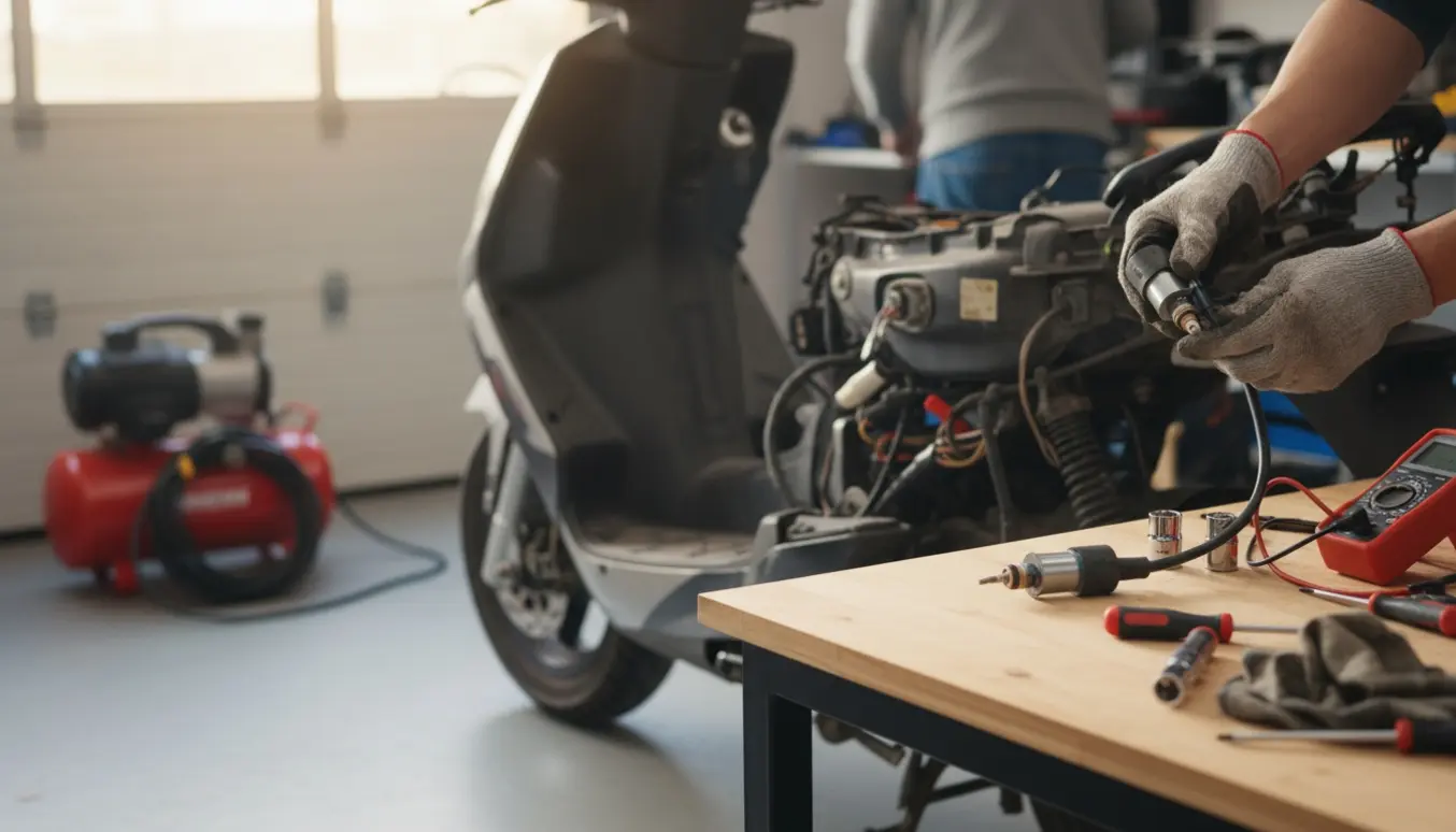 Nærbillede af hænder, der holder tændspole og ledning ved en åben scooter-motor i en garage med værktøj og kompressor.