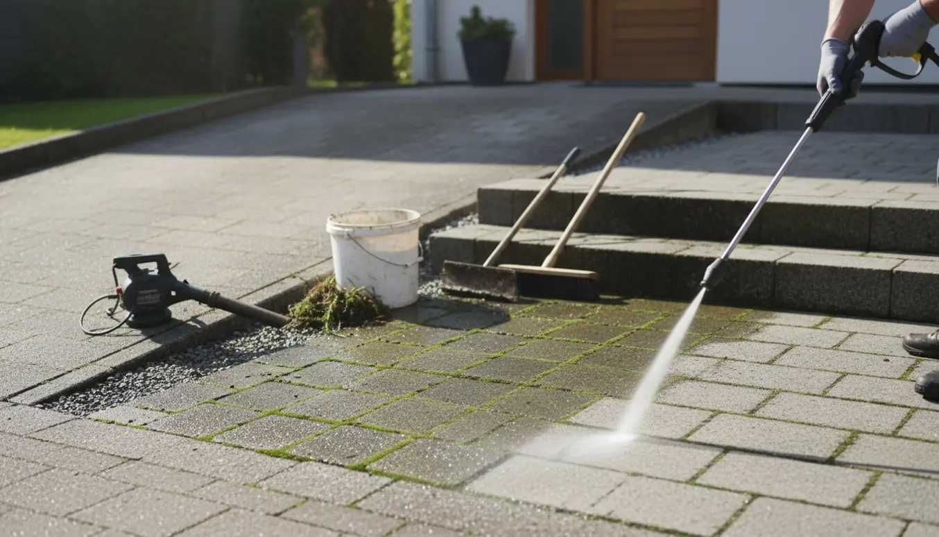 Håndværker set bagfra renser fliser og trappe med højtryksrenser, med en bunke afrevet ukrudt ved siden.