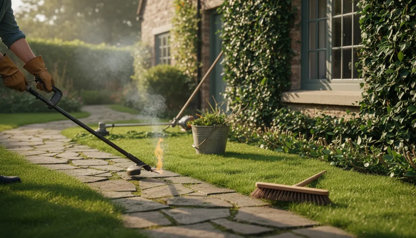 Havearbejde med brænder mod ukrudt i flisefuger, kantklipning af græs og beskåret vedbend ved husets vindue.