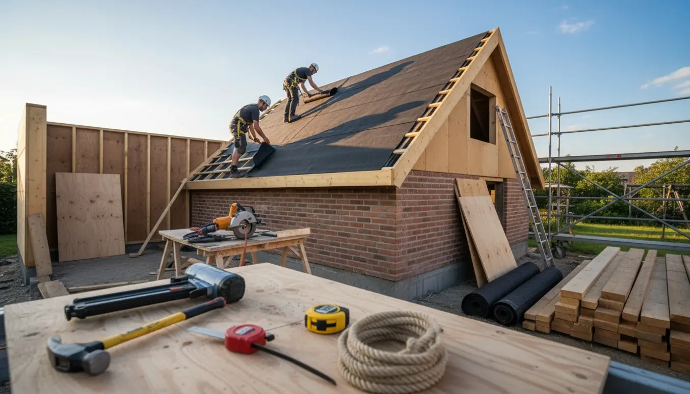 Nyt 45° tag i tagpap på anneks med murstensvægge, værktøj og træskelet til udbygning synligt.