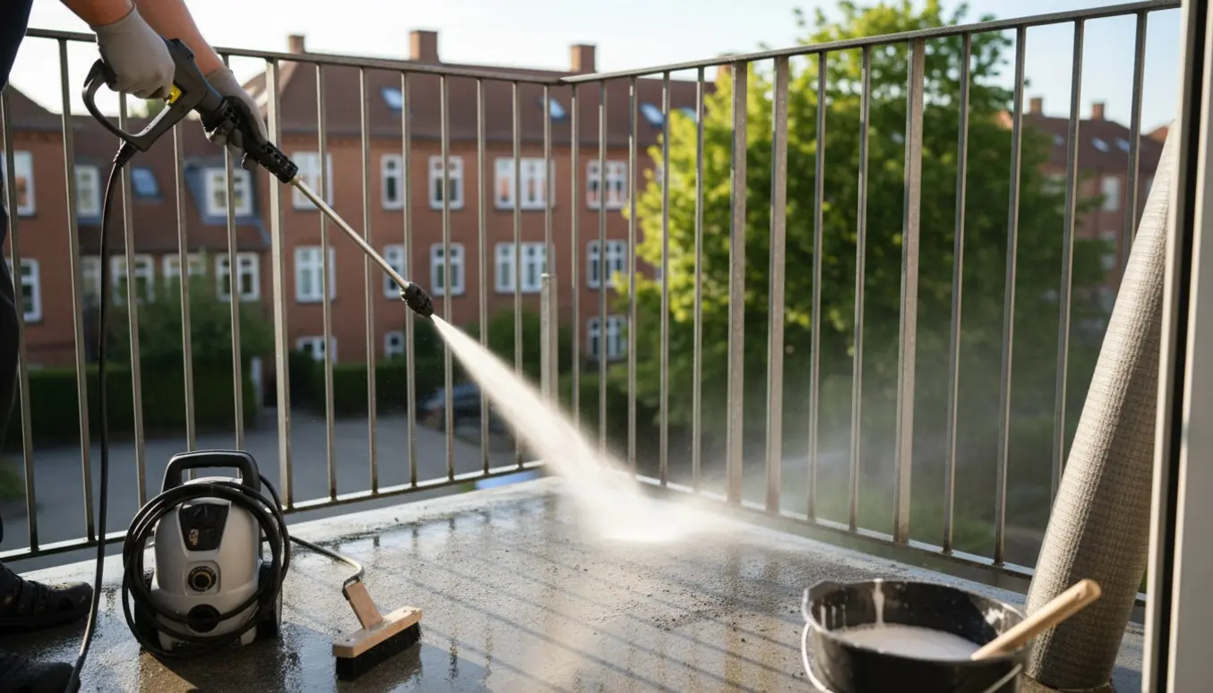 En person rengør en lille betonaltan i Slagelse med en bærbar højtryksrenser og rengøringsredskaber.