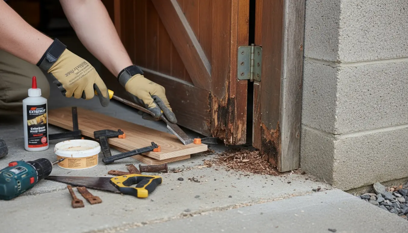 Nærbillede af reparation af råd i nederste højre hjørne af en trægarageport med værktøj og udskiftningsstykke.