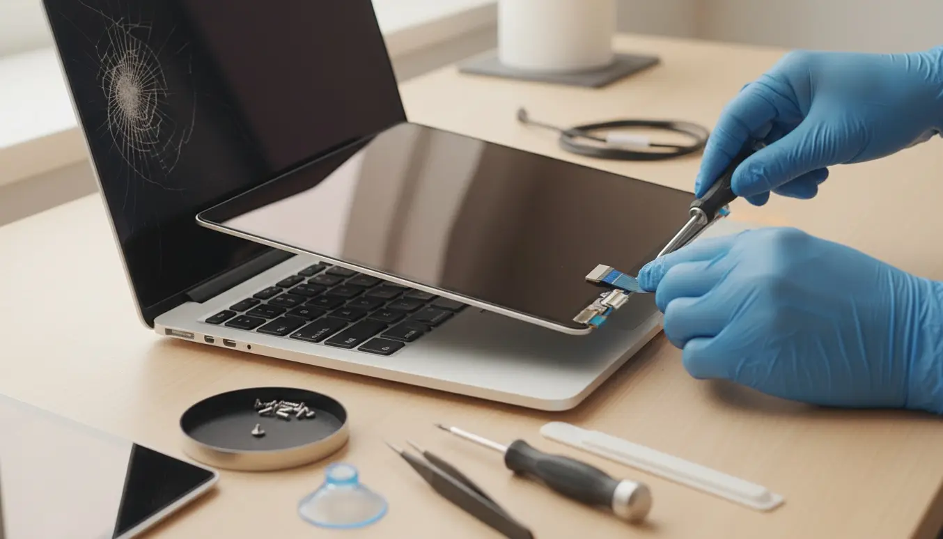 Hænder udskifter Retina-skærmen på en MacBook Air 2019 på et ryddeligt værksted.