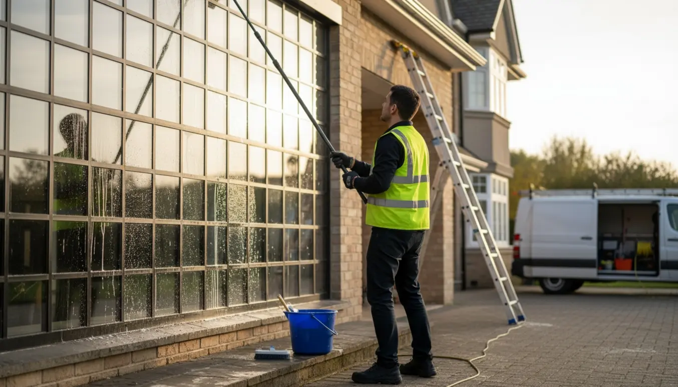 En vinduespudser rengør udvendige ruder på et stort hus med teleskopstang, sæbebøtte og en stige i baggrunden.
