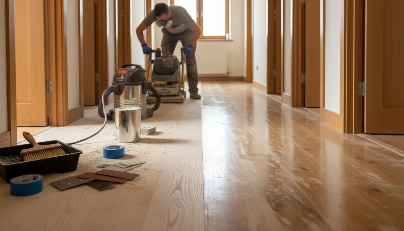 Gang med delvist afslibet trægulv, gulvsliber og værktøj klar til lakering.