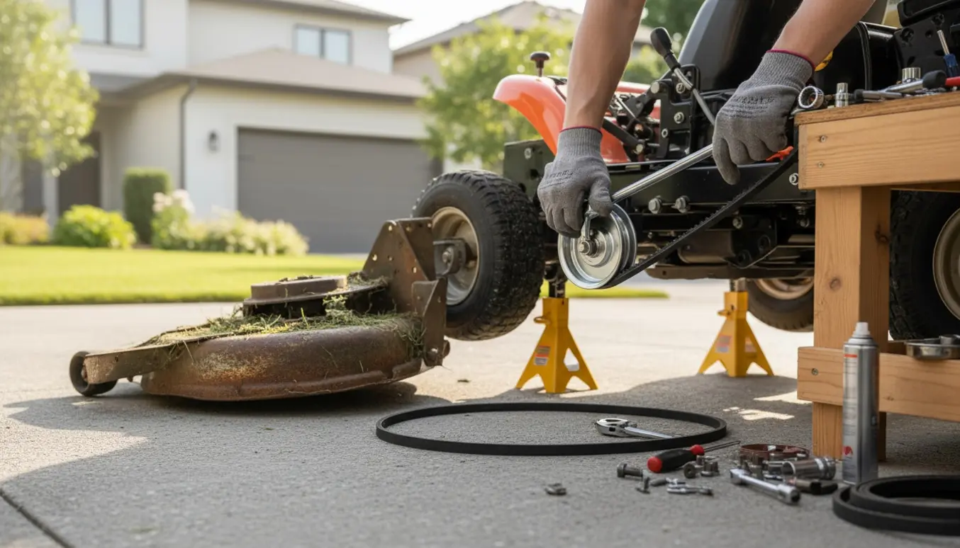 Hænder i handsker udskifter remmen på en havetraktor med værktøj og afmonteret klippeaggregat ved siden af.