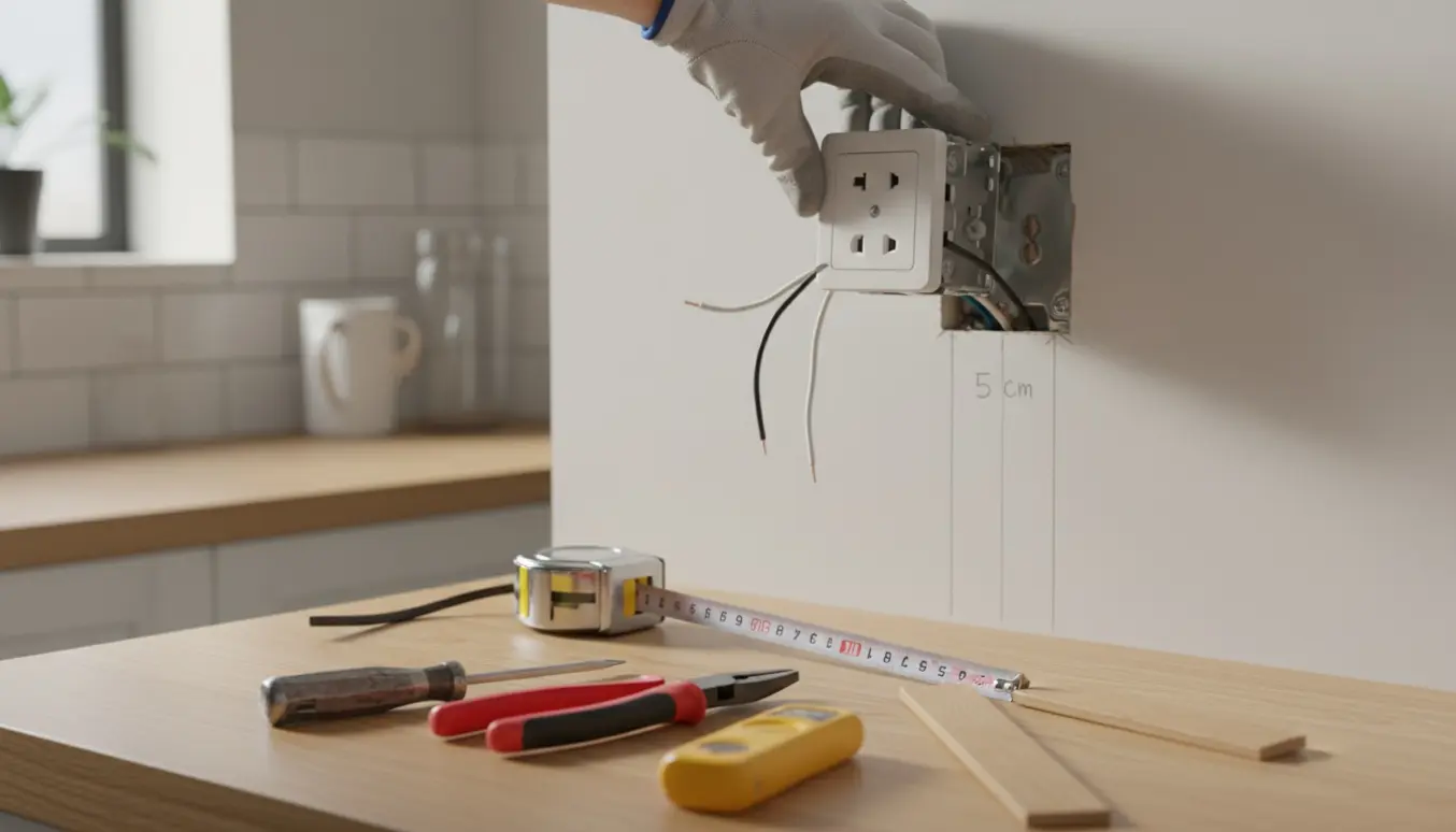 Elektriker hæver en køkkenstikkontakt cirka 5 cm over bordpladen med værktøj på køkkenbordet.