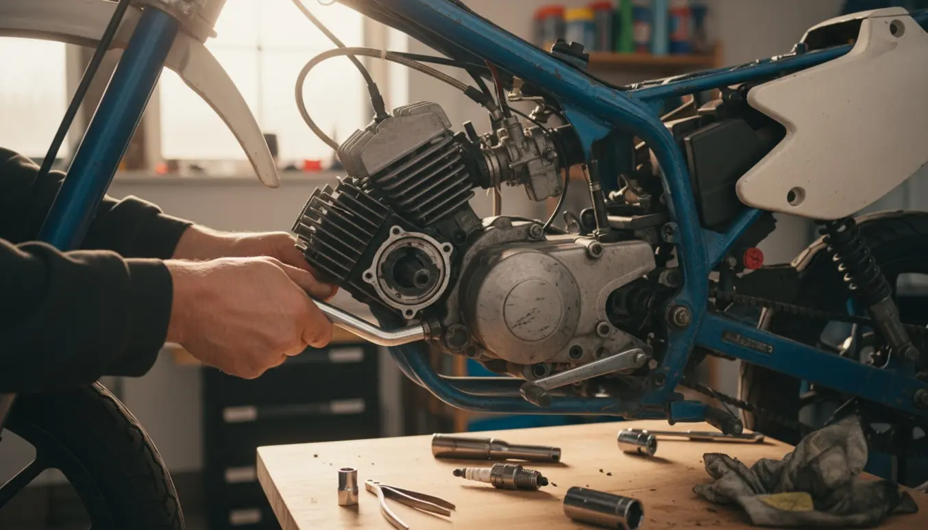 Nærbillede af en 50cc 2-takts scooter med åbnet motor og låst kickstarter og værktøj på et arbejdsbord.