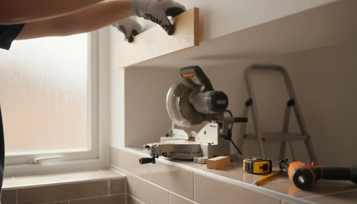 Nærbillede af hænder, der monterer træ skyggelister i et lille badeværelse med værktøj i baggrunden.