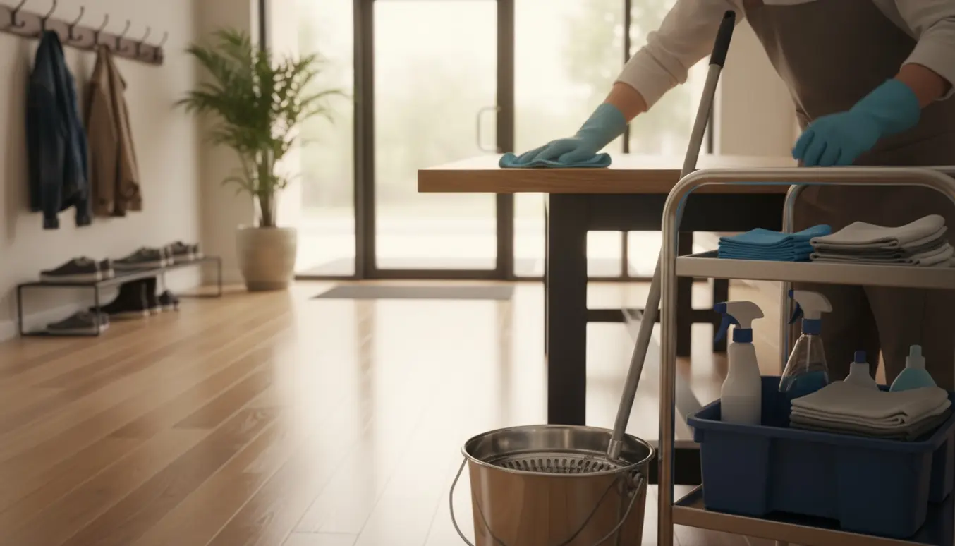 En rengøringshjælp tørrer et fælles bord i en lys opgang med rengøringsudstyr i forgrunden.