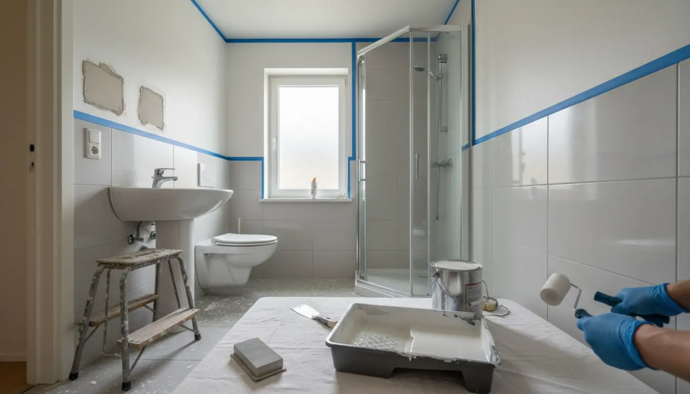 Lille badeværelse under maling med malerbakke, rulle og synlige reparationer i filt.