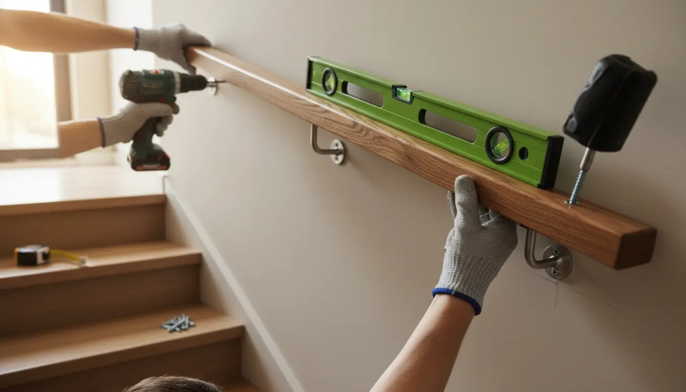 Hænder monterer et cirka tre meter langt trægelænder over en trappe med en boremaskine.