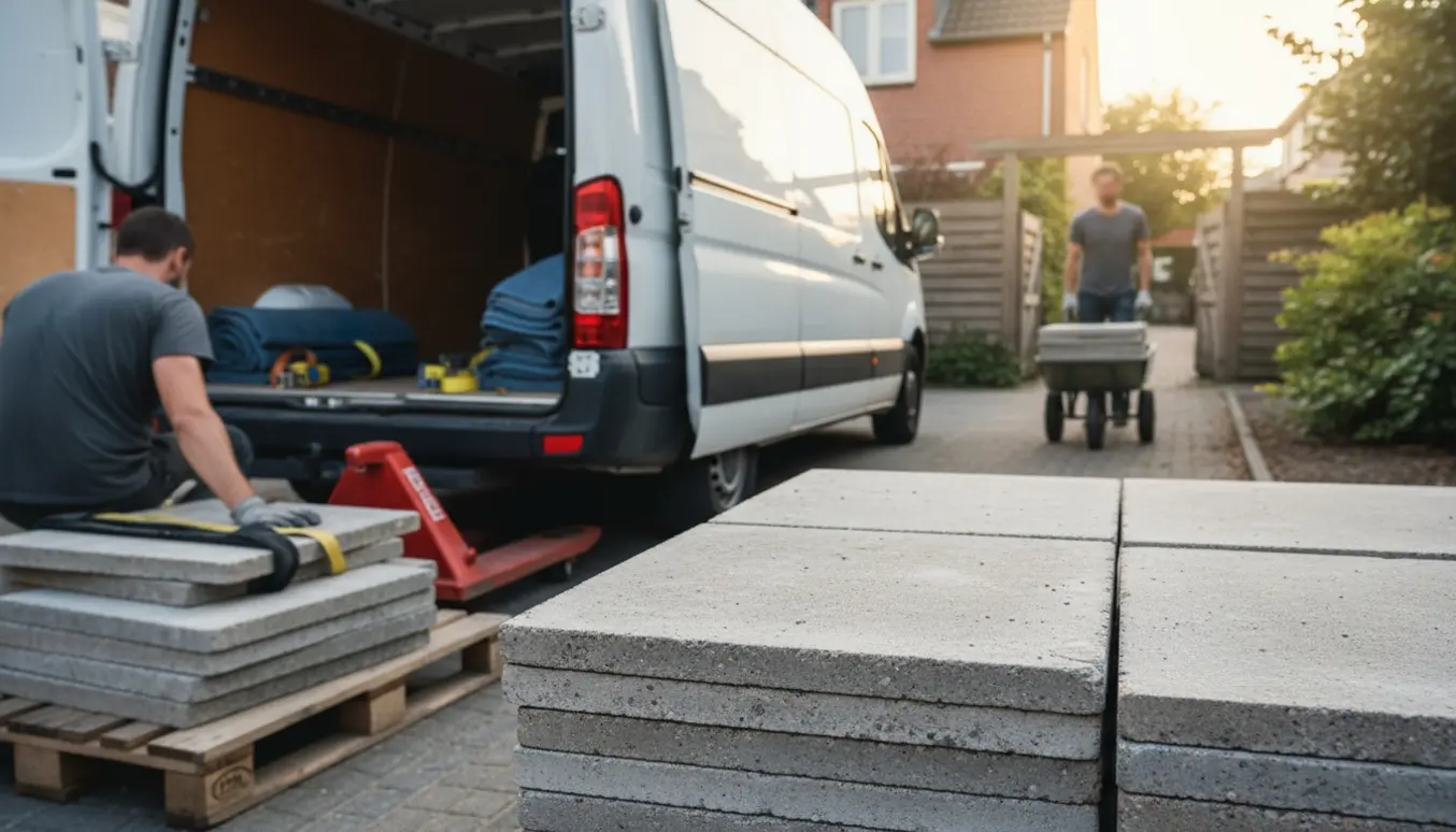 Tunge betonfliser læsses på en varebil og transporteres i en trille gennem en smal havegang mod en baghave.