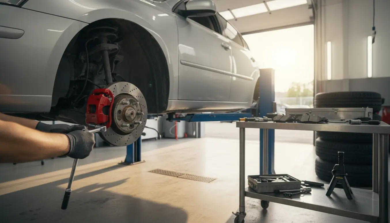 Bil på løftebukk i et værksted med for- og bagbremser synlige, afmonterede dæk og værktøj.