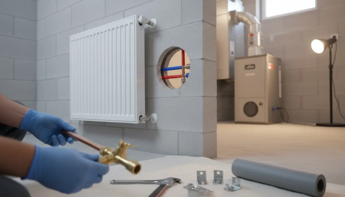 Installering af en simpel hvid radiator i et kælderværelse med rør ført lige gennem væggen fra varmeanlægget.