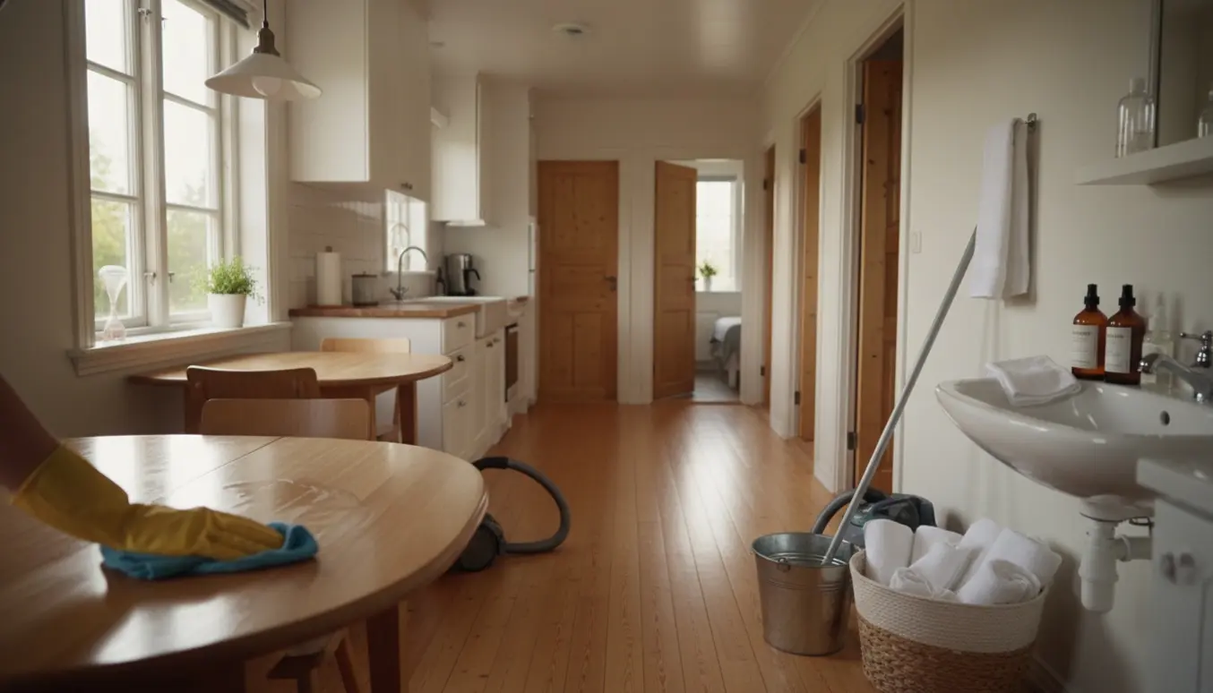 Solbelyst sommerhusinteriør under rengøring med støvsuger, moppe og nyvasket sengetøj.