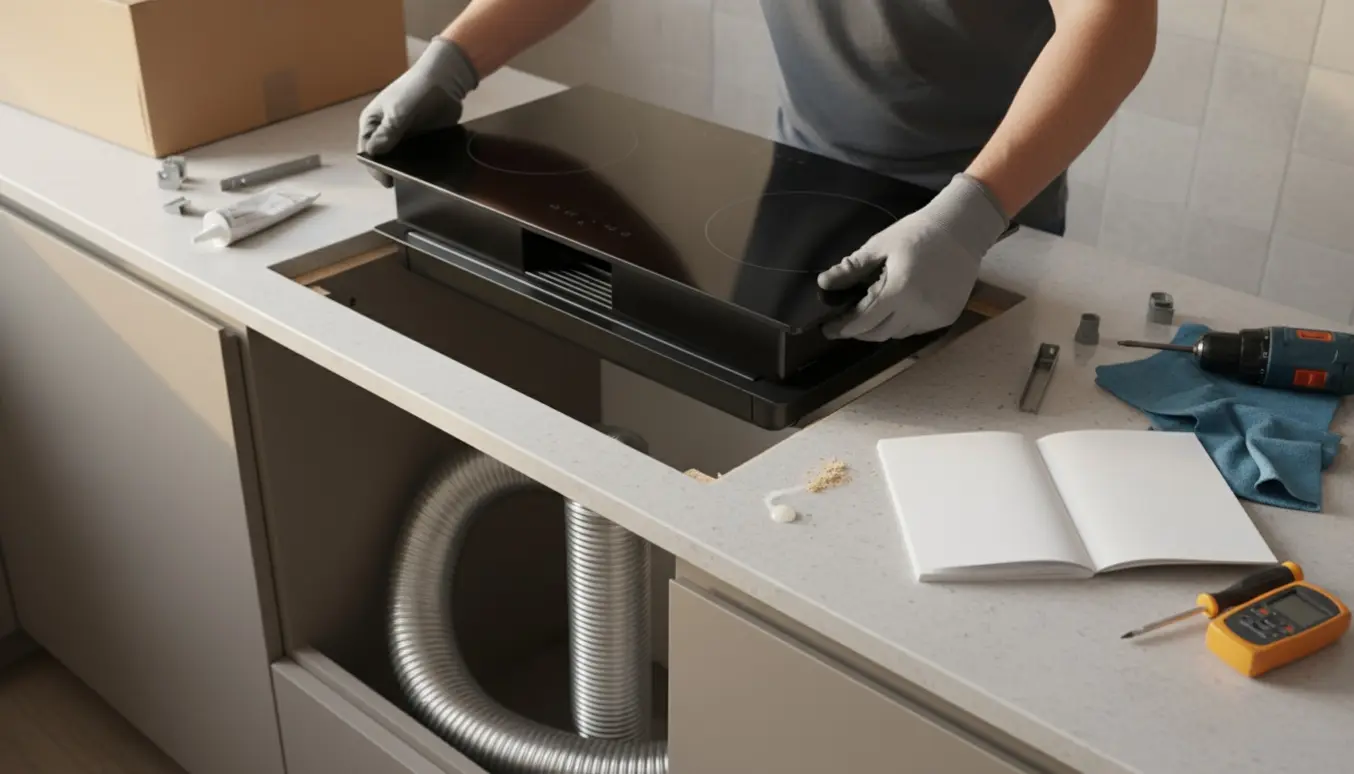 Installering af sort induktionskogeplade med indbygget emhætte i et lyst køkken, synlige værktøjer og hænder uden tydelige ansigter.