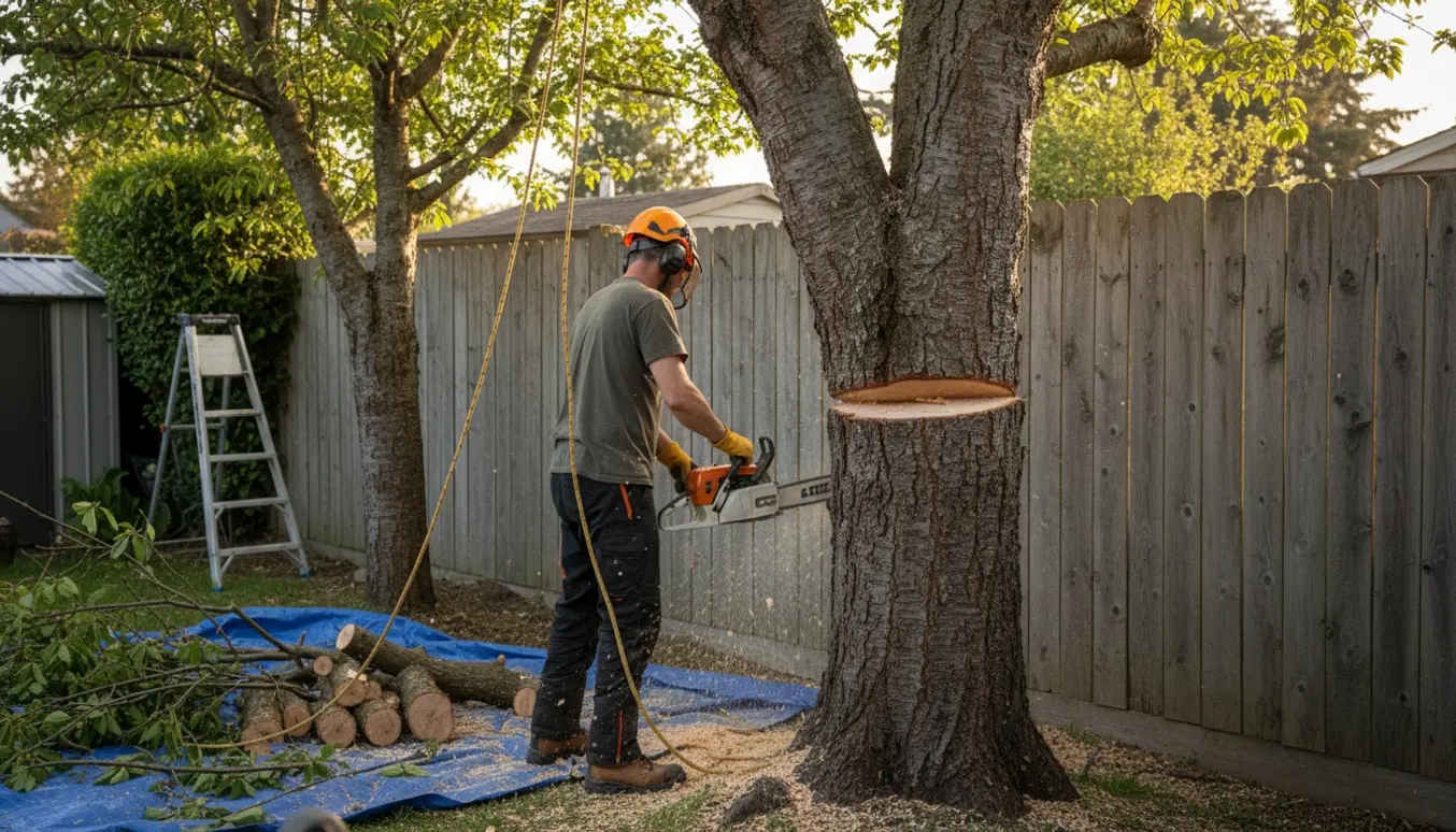 Arbejder saver en gammel kirsebærstamme tæt ved et plankeværk, med stubben tilbage i jorden.