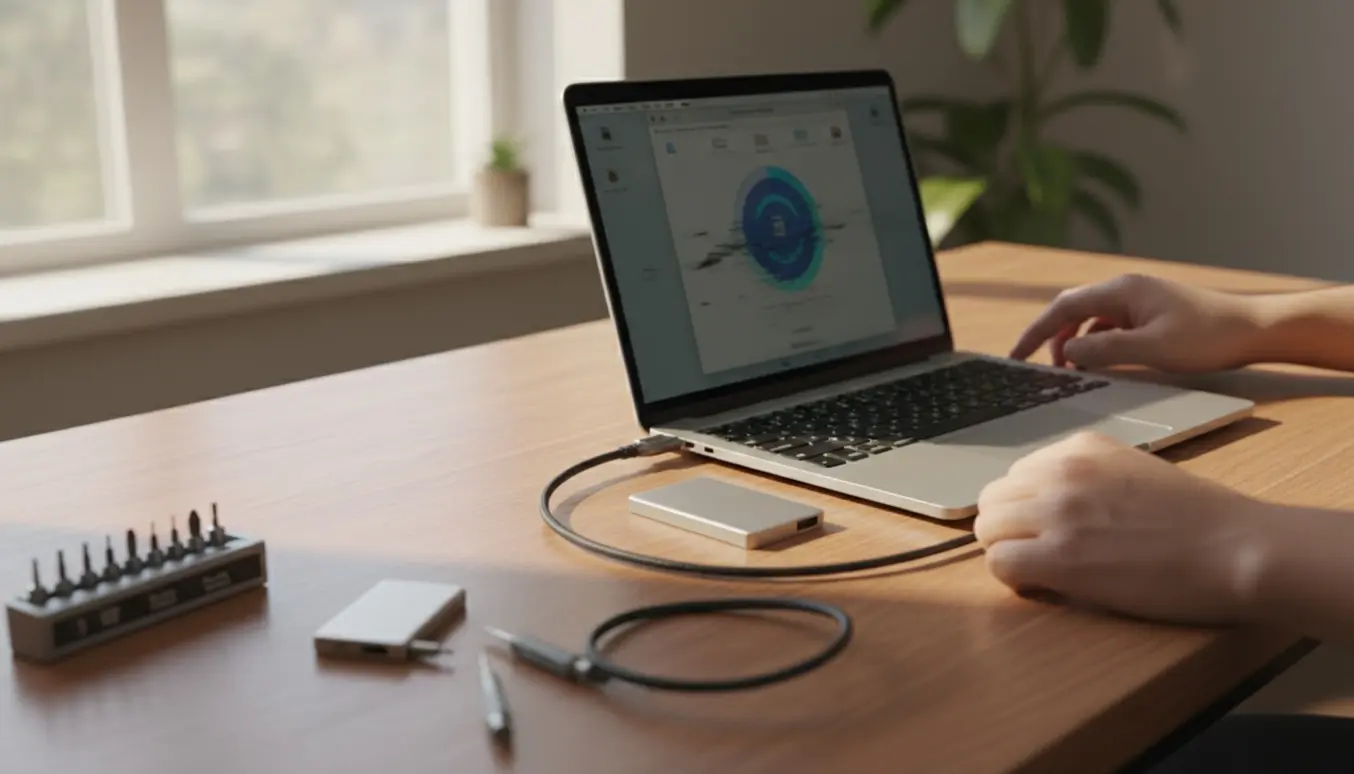 Ny og gammel bærbar forbundet med kabel og ekstern harddisk, hænder forbereder dataoverførsel.