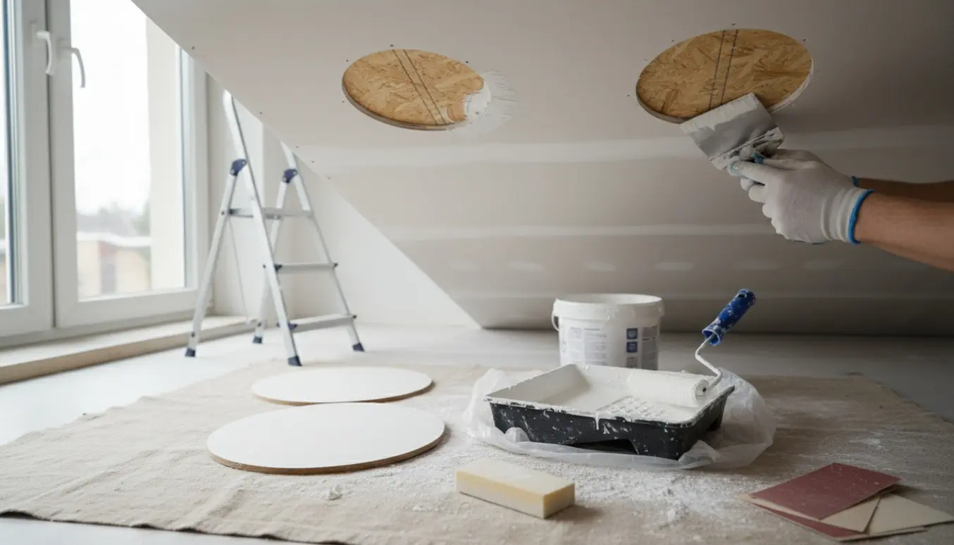 Nærbillede af spartling og maling af to cirkulære huller i et hvidt gipsloft med værktøj og rulle.
