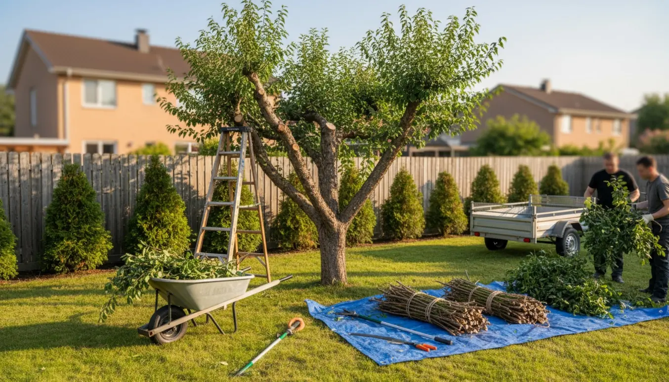 Beskæring af blomme- og hække i baghaven med afklippede grene i trillebør og redskaber.