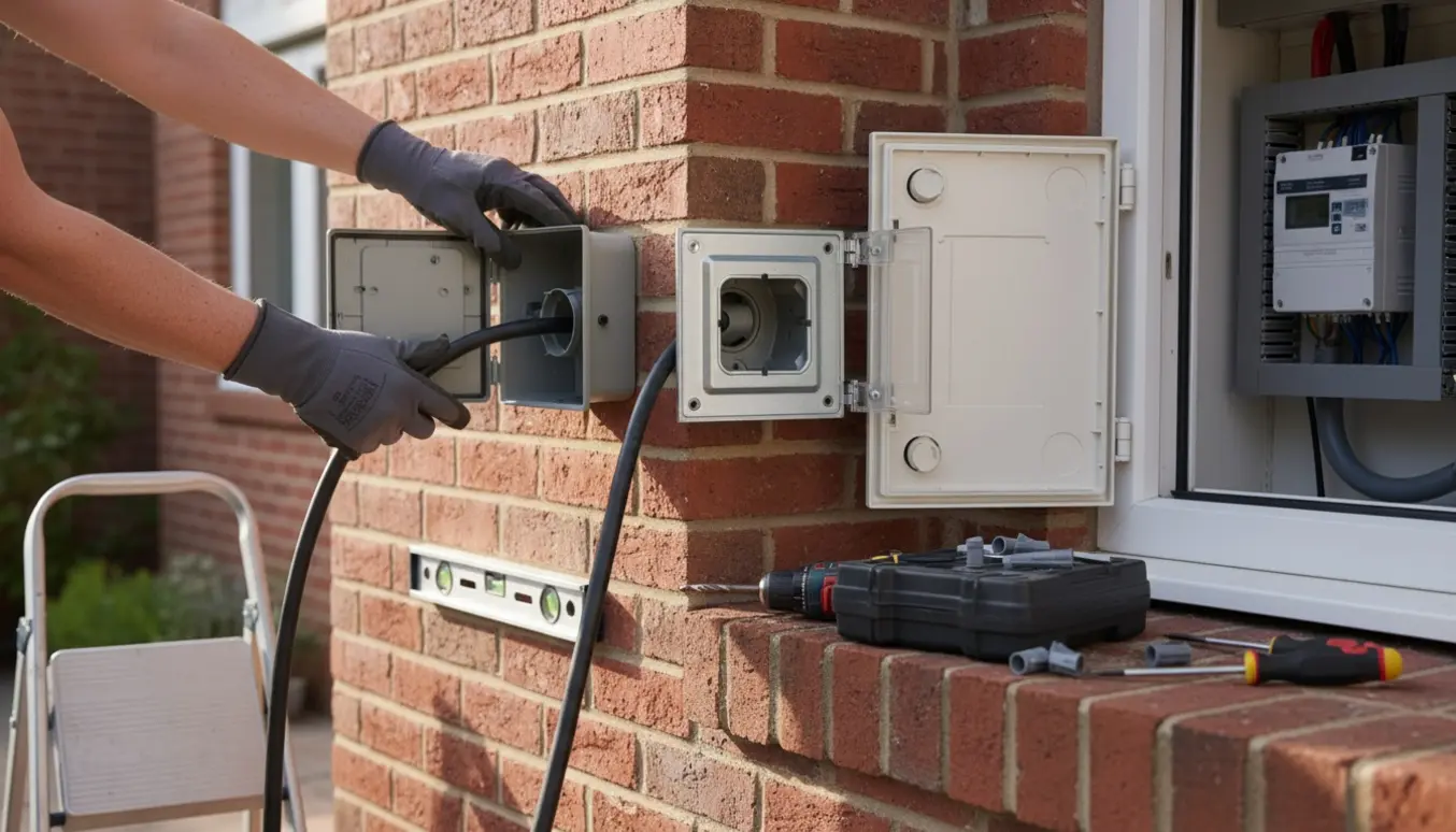 Nærbillede af en elektriker uden synligt ansigt, der fører et kraftigt kabel ind i en åben udendørs elboks på en murstensvæg med værktøj ved siden af.