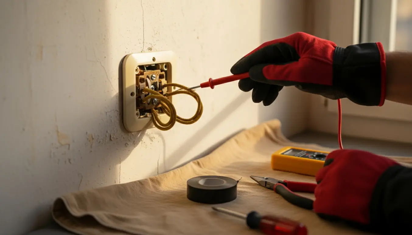 Hænder tester en gammel stikkontakt med afdækket ledning og værktøj i en lys lejlighed.
