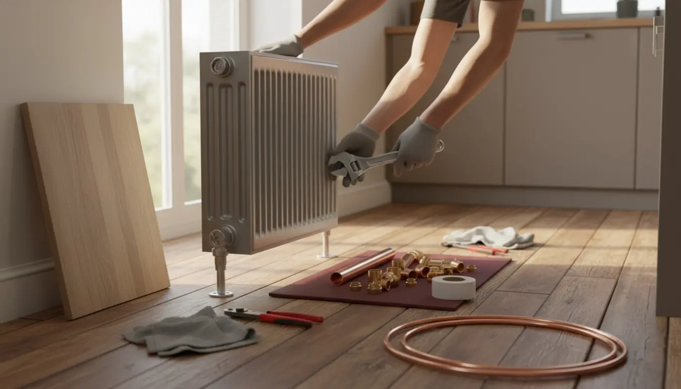 En VVS-montør flytter en lille gulvradiator på et gammelt træskibsgulv med rør og værktøj omkring.