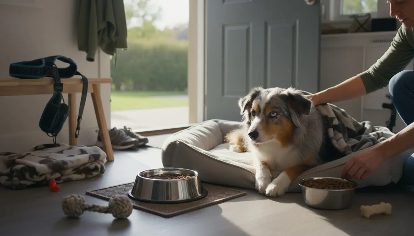 En ældre australsk hyrdehund ligger trygt på en hundeseng i et lyst hjem med vandskål, snor og legetøj klar.