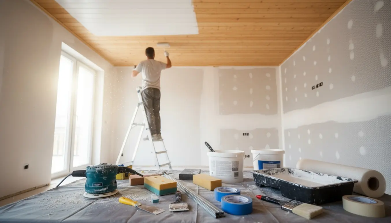 En maler står på en stige og maler et træloft mat hvidt, omgivet af slibeværktøj, spartel og filt.